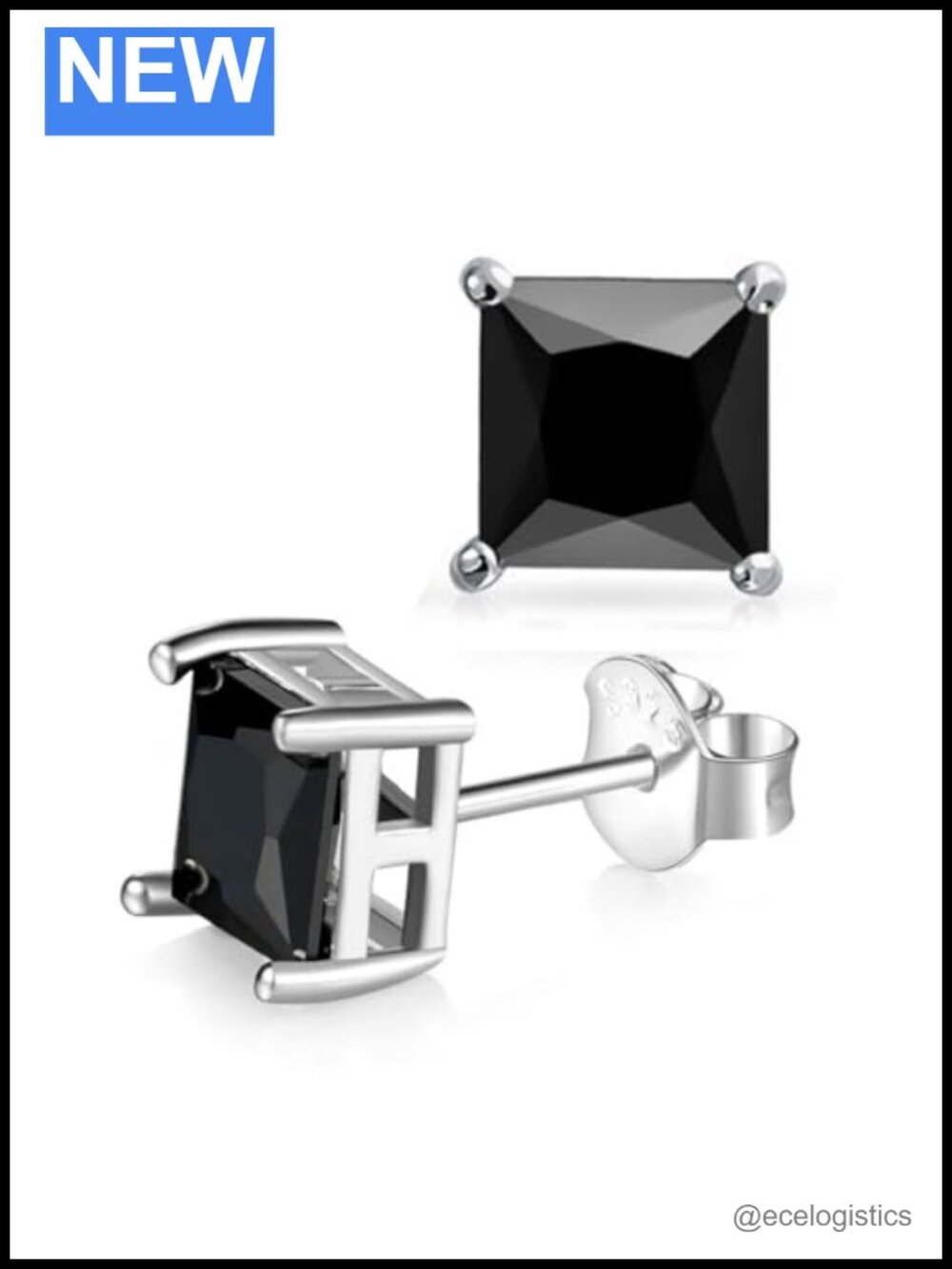Unisex Princess Cut Black Onyx 925 Sterling Silver Stud Earrings Platinum Plated
